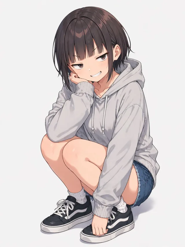 动漫女孩蹲在超大连帽衫 preview image 1