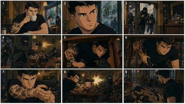 90 年代动漫咖啡馆枪战故事板 preview image 1