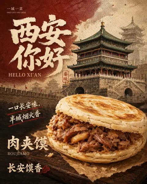 复古西安肉夹馍美食海报 preview image 1