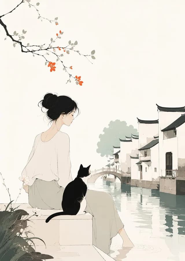女孩和猫的极简插图 preview image 1