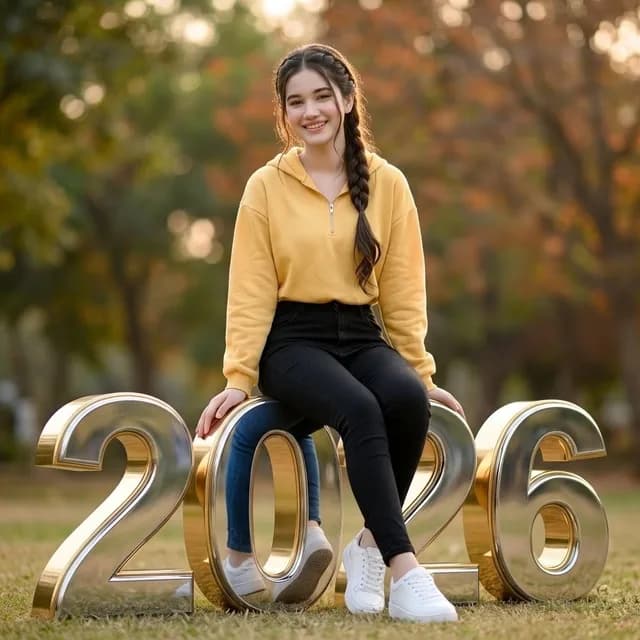 女大学生坐在 2026 年数字上 preview image 1