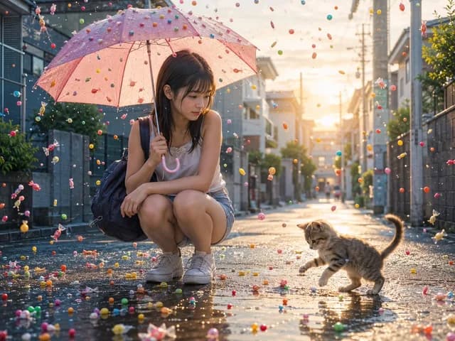 糖果雨街与女孩和小猫 preview image 1