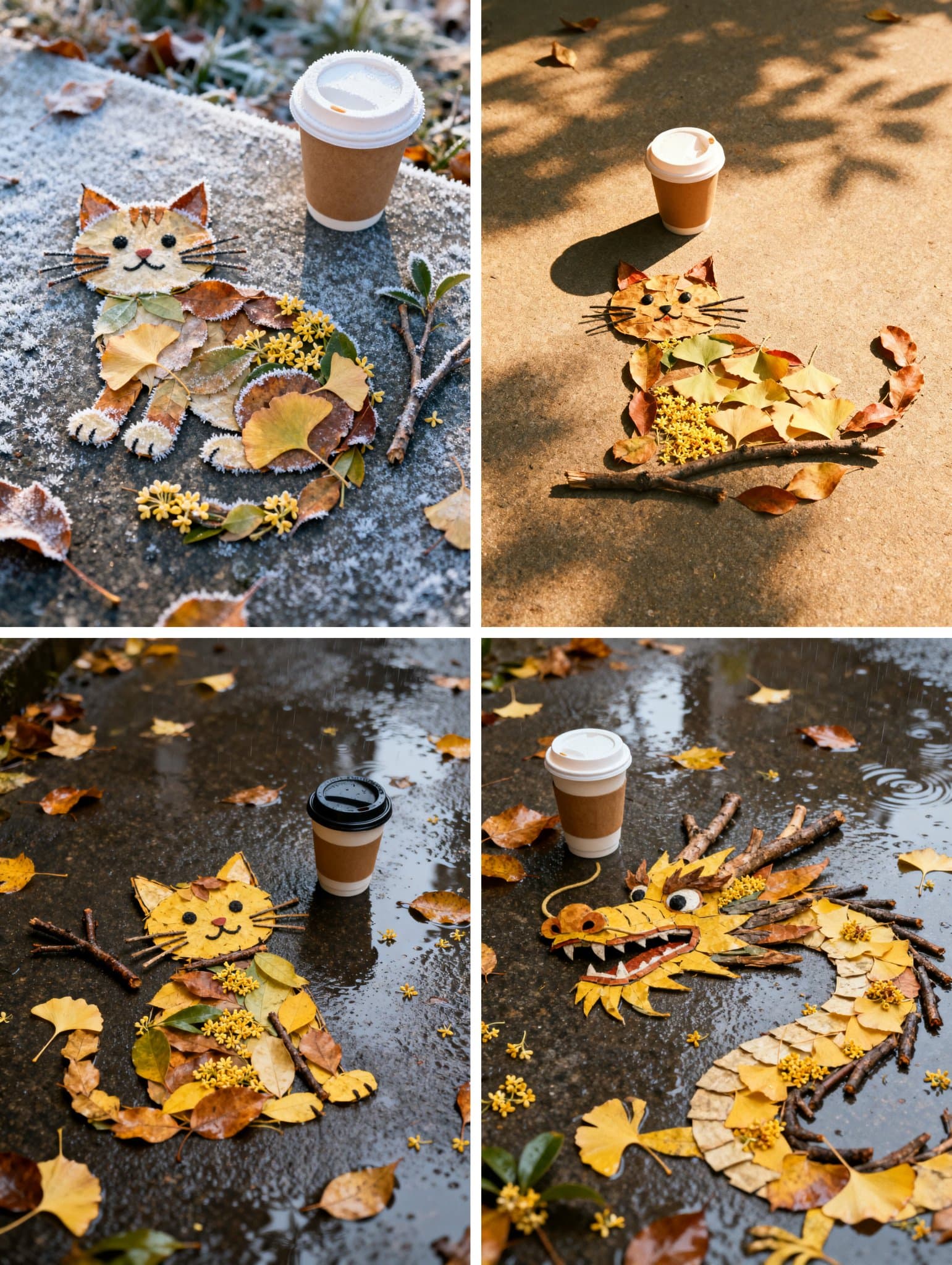 Autumn leaves arranged into patterns