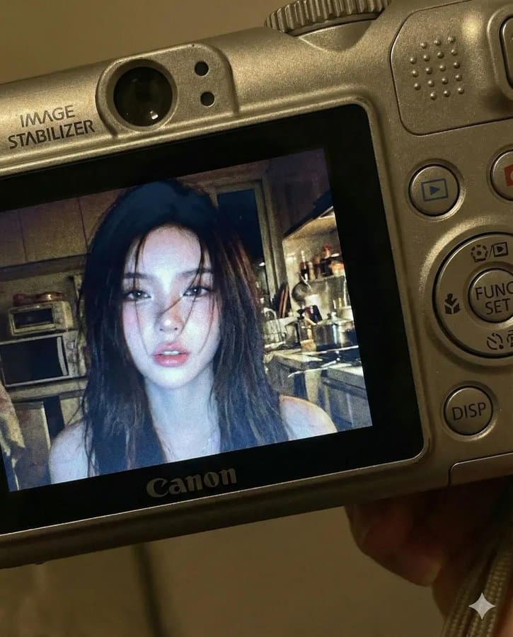 The woman's photo is displayed on the digital camera's screen.