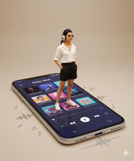 A person is standing on an oversized smartphone.