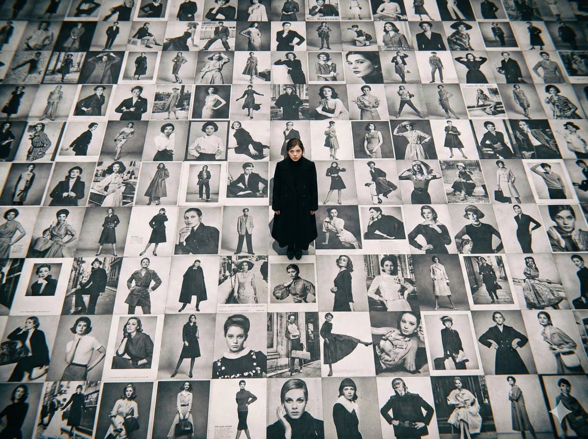 The model stands on a ground covered with countless black and white billboards.