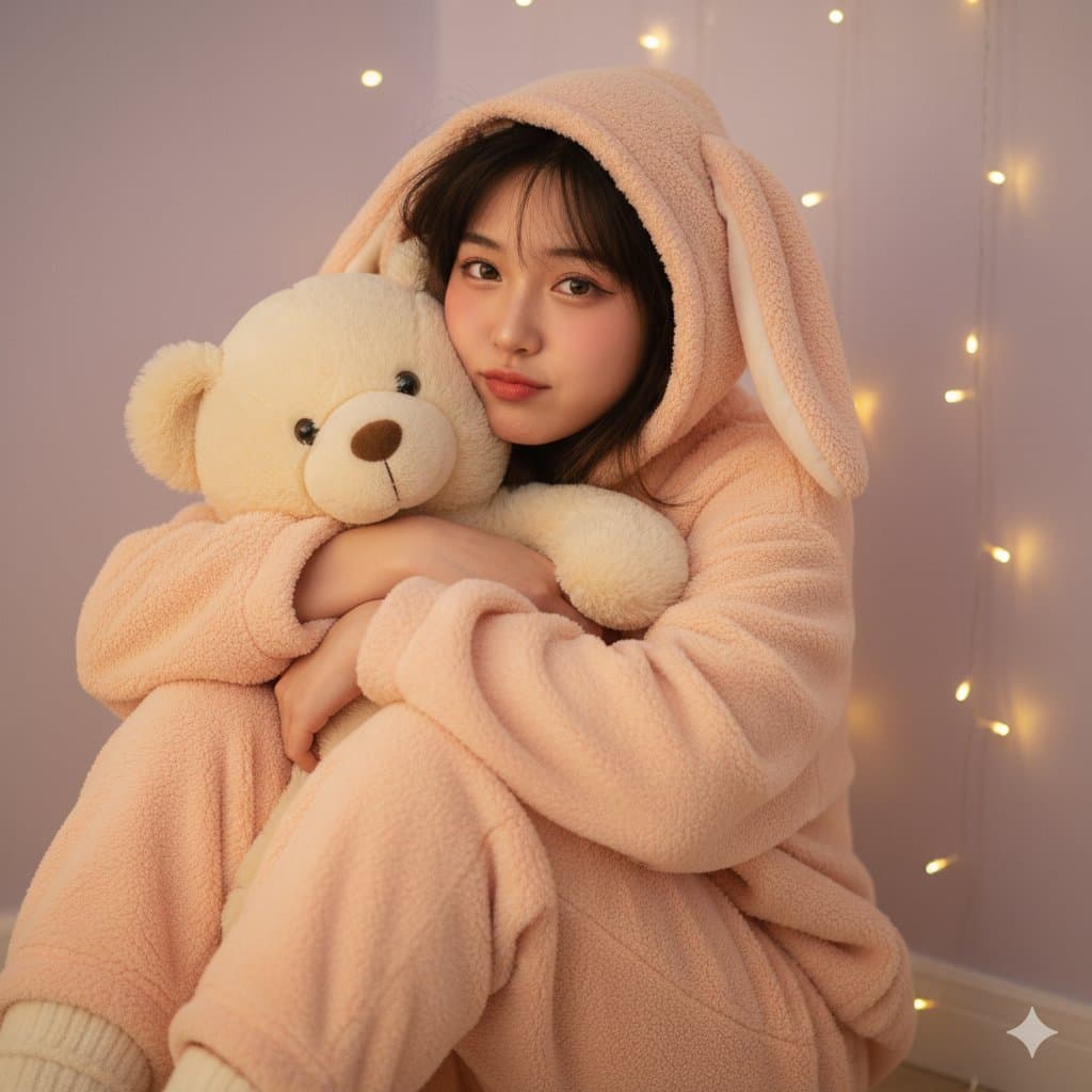Girl in light pink loose fluffy pajamas