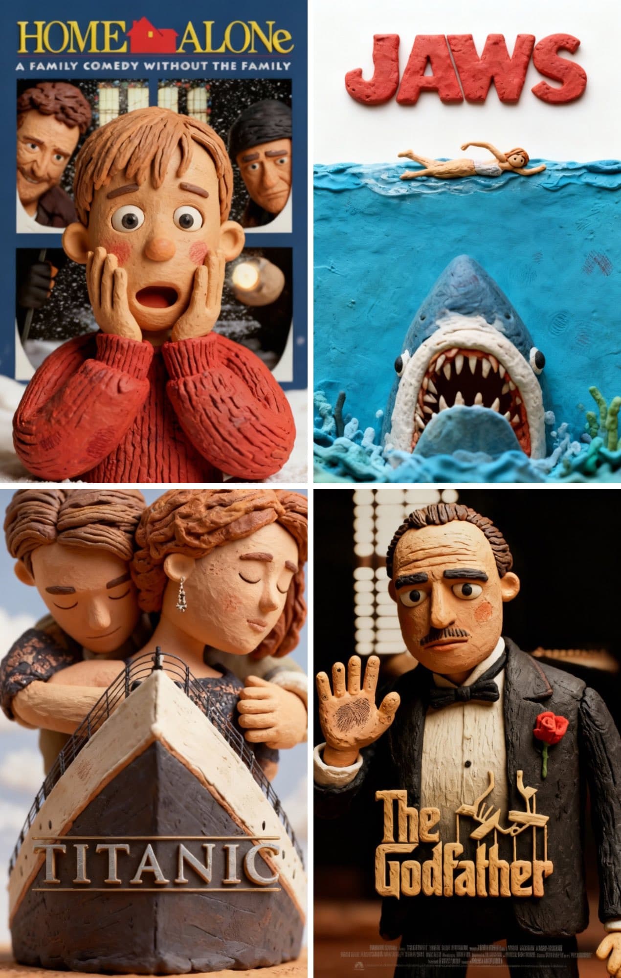 Redesign the movie poster in claymation style.